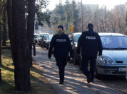 Na zdjęciu widać dwoje umundurowanych policjantów, którzy idą chodnikiem, wzdłuż zaparkowanych przy chodniku kolejno samochodów. W tle widać drzewa