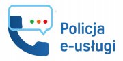 Grafika przedstawia niebieską słuchawkę telefonu i niebieski napis o treści Policja e-usługi.