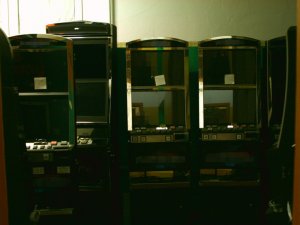 Na zdjęciu widać ustawione w rzędzie automaty do gier.