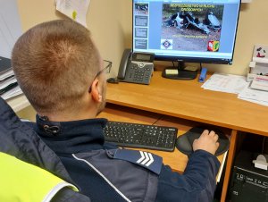 Na zdjęciu widać umundurowanego policjanta z drogówki - sierż. szt. Marcina Jabłońskiego, w trakcie szkolenia on-line.