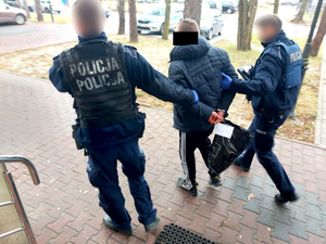 Na zdjęciu widać dwóch umundurowanych policjantów, którzy pomiędzy sobą prowadzą mężczyznę z założonymi kajdankami na ręce trzymane z tyłu. Zdjęcie jest wykonane przed budynkiem komendy.