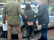 Na zdjęciu widać dwóch policjantów, którzy trzymają pomiędzy sobą kobietę z założonymi kajdankami na ręce trzymane z tylu. Wszyscy są odwróceni tyłem do zdjęcia. Zdjęcie jest wykonane przed oznakowanym radiowozem.