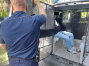 Na zdjęciu jest umundurowany policjant, który trzyma otwarte drzwi oznakowanego radiowozu typu bus. W pojeździe siedzi mężczyzna.