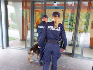 Umundurowany patrol policji z psem służbowym w trakcie ćwiczeń.