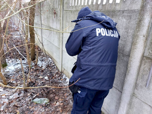 Na zdjęciu widać umundurowanego policjanta, który wykonuje oględziny miejsca.