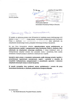 Odzyskany rower i podziękowania dla policjantów z Józefowa