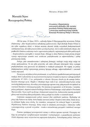 Życzenia Marszałka Sejmu Rzeczypospolitej Polskiej z okazji Święta Policji